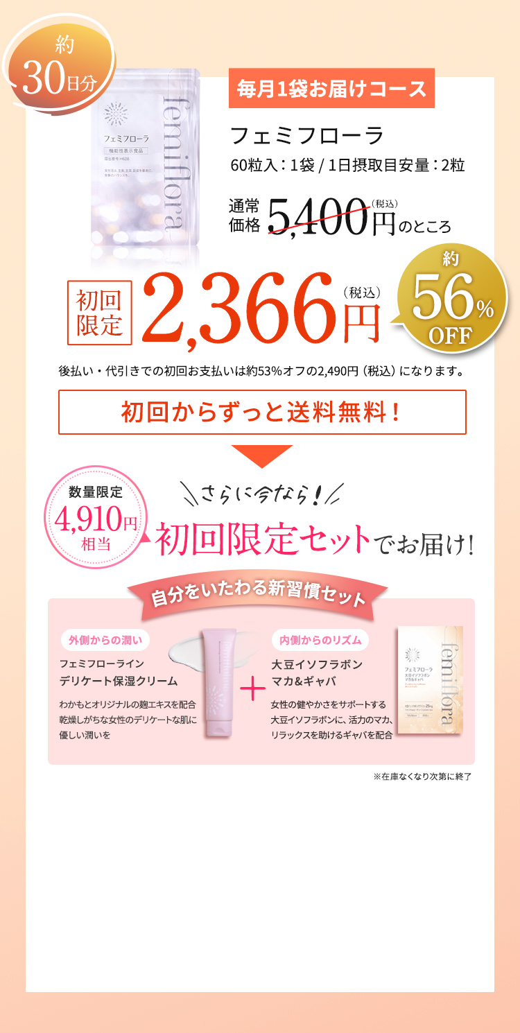 フェミフローラ　通常価格5,400円（税込）のところ2,366円（税込）　初回からずっと送料無料