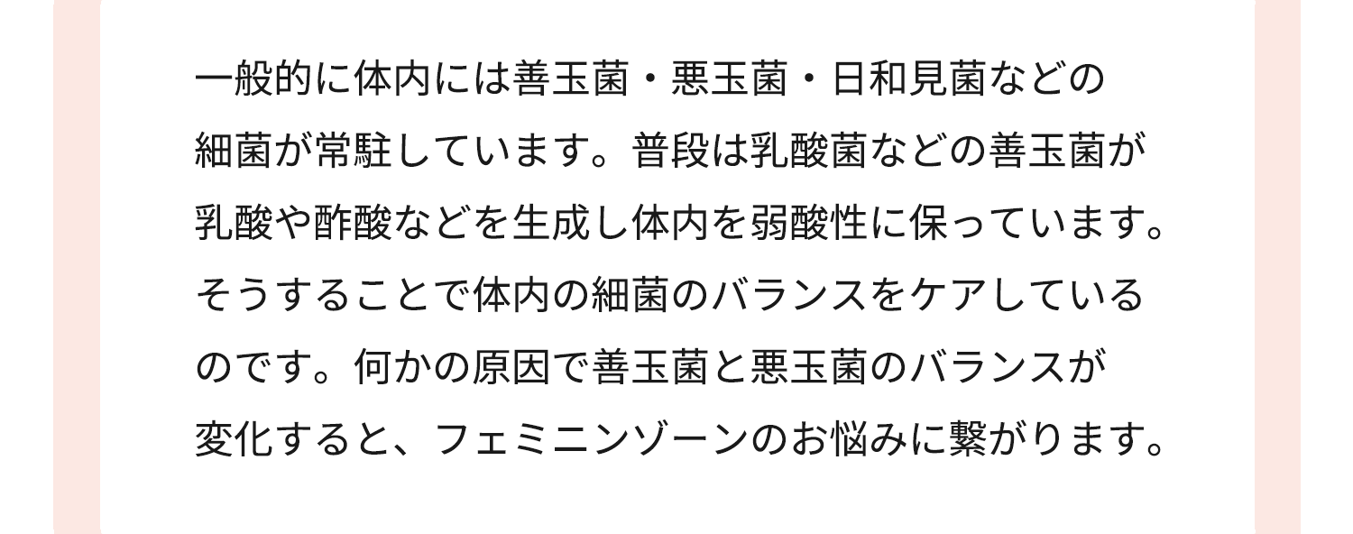 一般的に体内には善玉菌・悪玉菌・日和見菌などの細菌が常駐しています。普段は乳酸菌などの善玉菌が 乳酸や酢酸などを生成し体内を弱酸性に保っています。そうすることで体内の細菌のバランスをケアしているのです。何かの原因で善玉菌と悪玉菌のバランスが変化すると、デリケートゾーンのお悩みに繋がります。